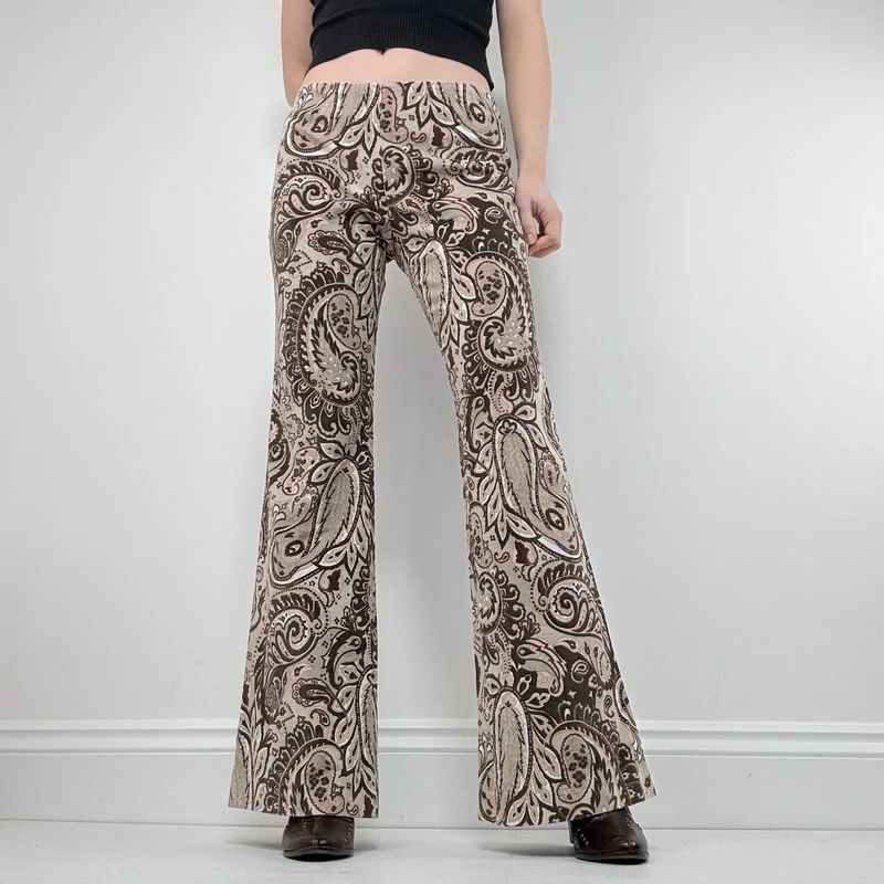 brown paisley flared trousers