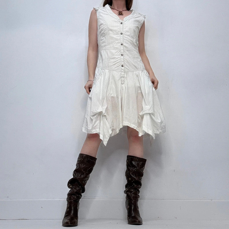 white pinstripe draped ruffle dress