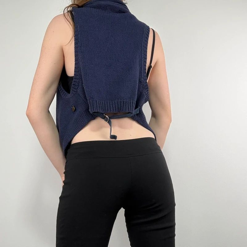 Navy knitted slouchy draped neck vest sweater