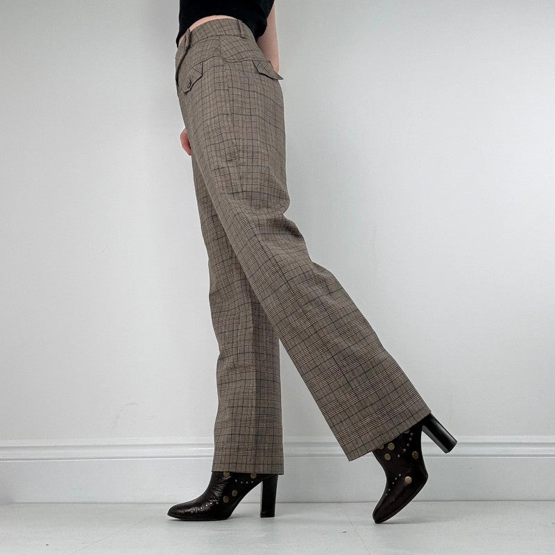 brown tartan checked wide leg suit pants