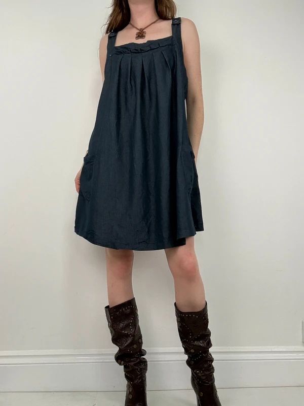 pleated denim mini pinafore dress