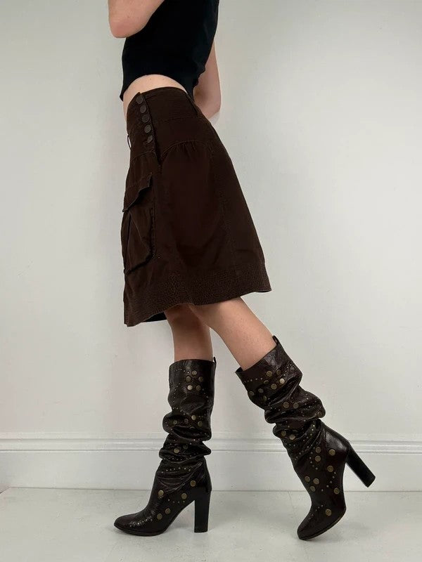 pleated brown cotton thick waistband drop waist puff midi skirt