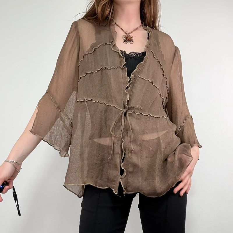 brown ruffle mesh slouchy flare shirt