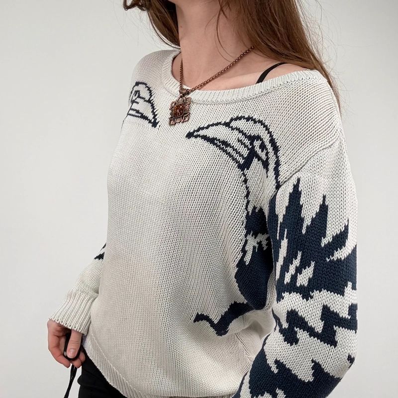 chunky knitted slouchy neck graphic jumper