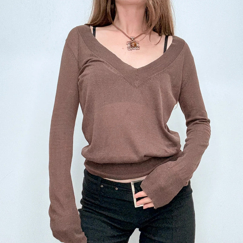 brown sheer knit slouchy off the shoulder jumper