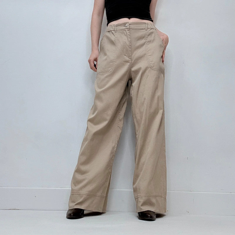 tan khaki wide leg flared trousers