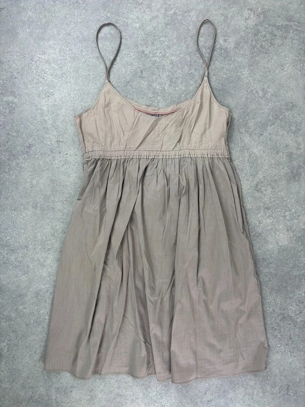 brown cotton pleated flared french midi dress