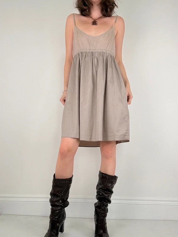 brown cotton pleated flared french midi dress