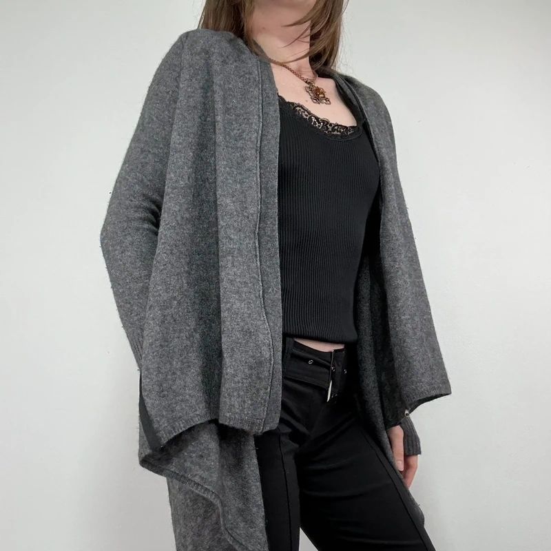 Asymmetric grey wool zip cardigan