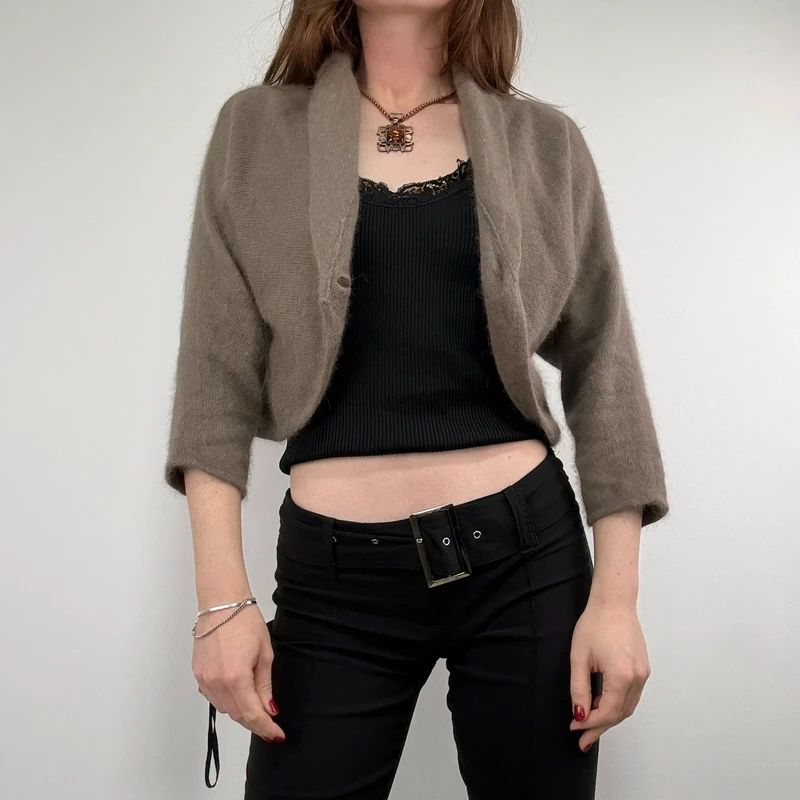 brown angora knit cropped slouchy cardigan