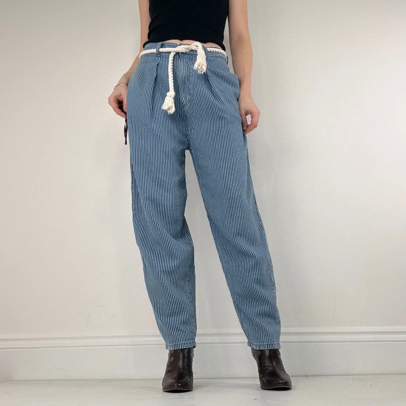 pleated pinstripe barrel trousers