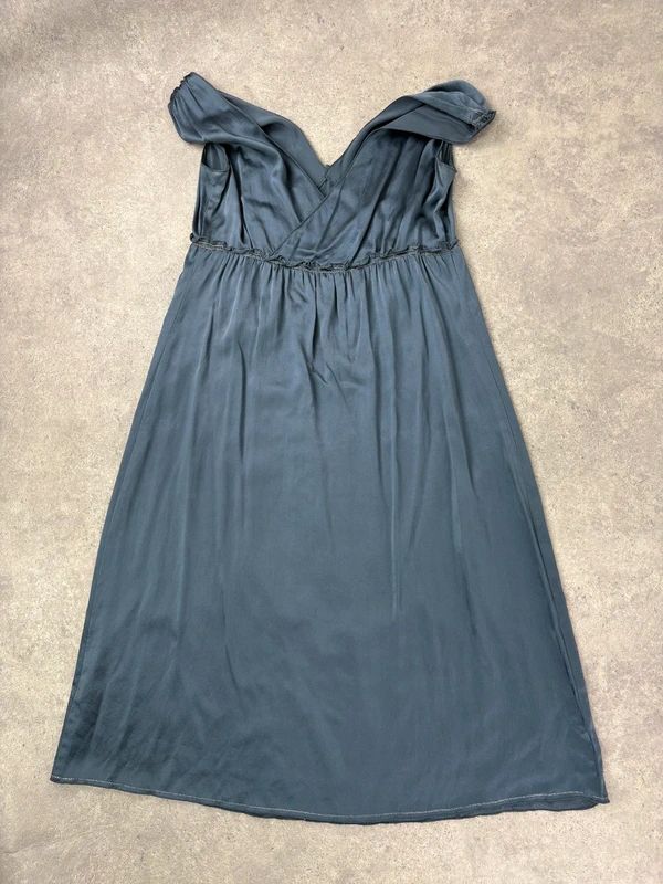 blue silk gathered floaty bias cut midi dress