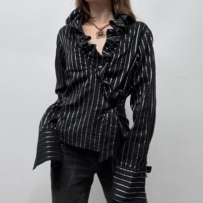 black pinstripe wrap ruffle shirt