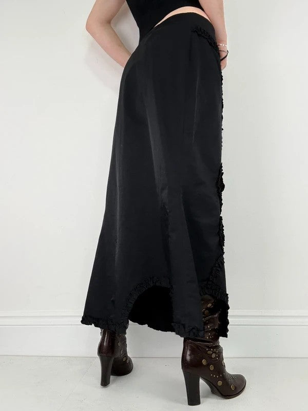 asymmetric black pleated gathered ribbon maxi skirt