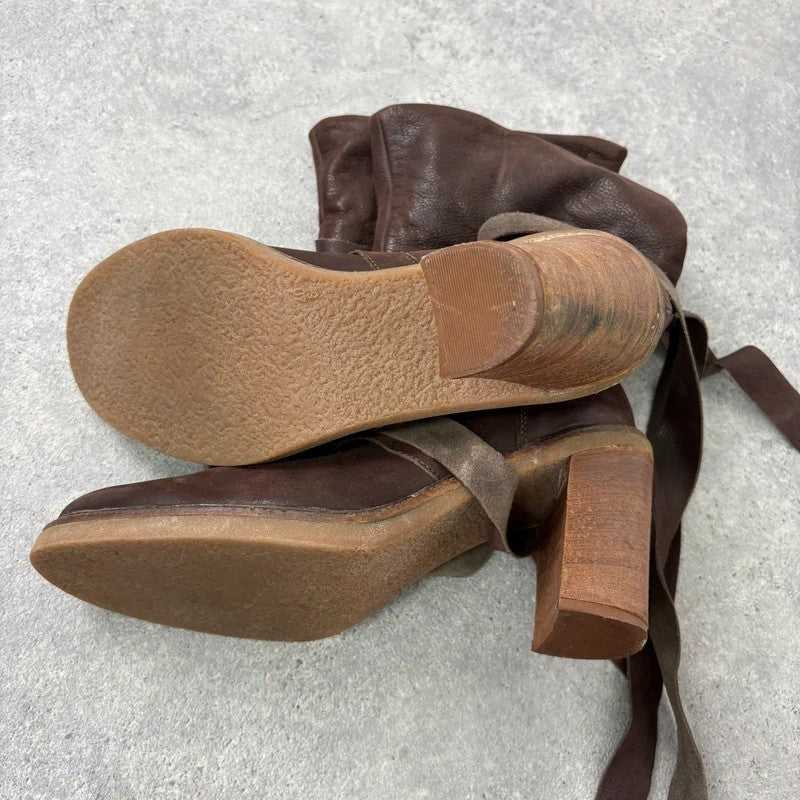 Chunky brown leather wrap around boots