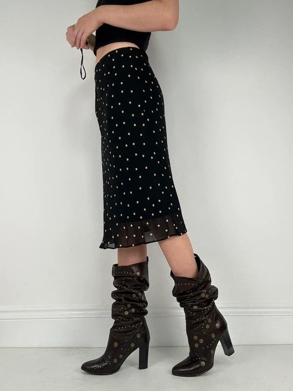 Black and white polkadot flutter midi skirt