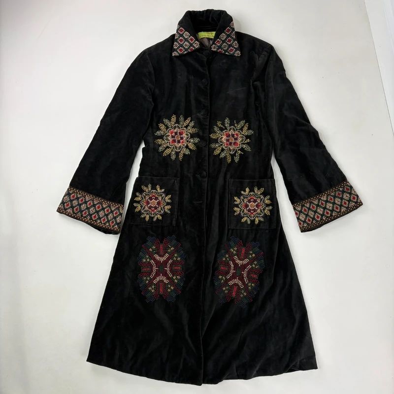 embroidered black velvet longline jacket