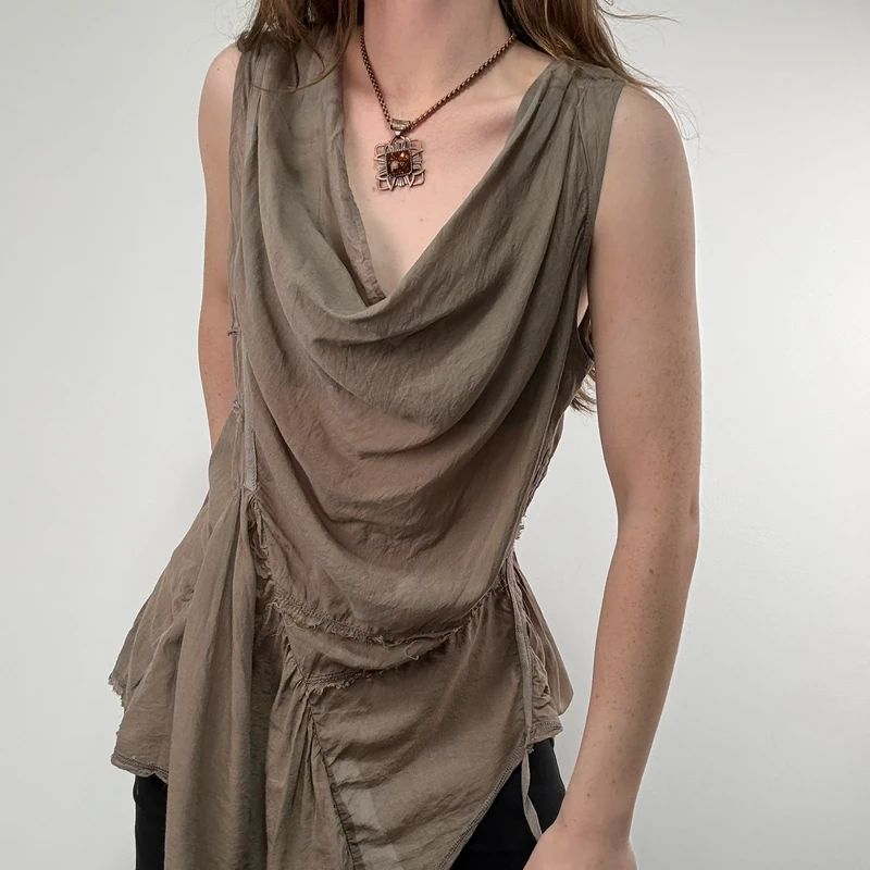 khaki brown draped slouchy asymmetric vest