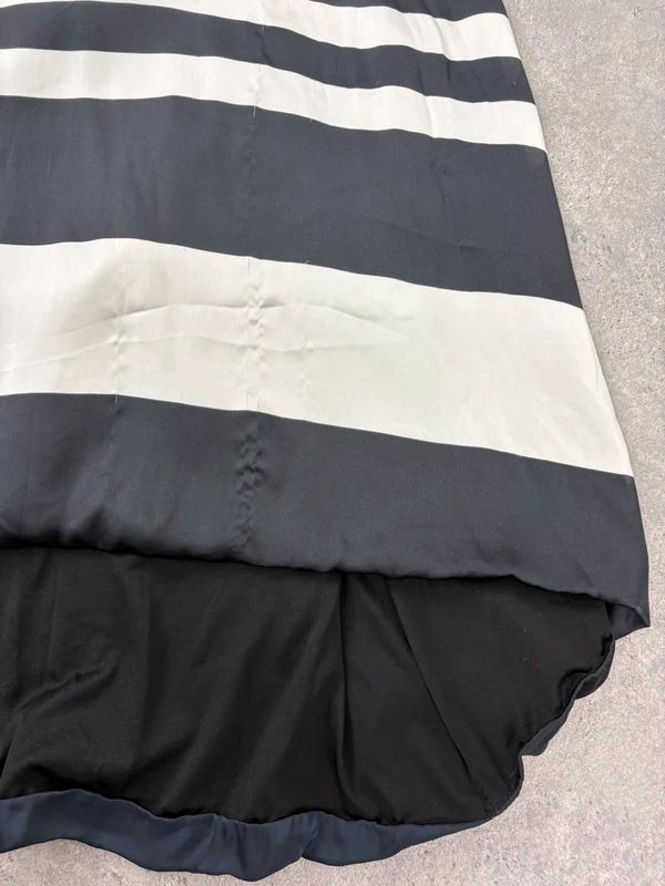 Navy and white striped asymmetric midi dress