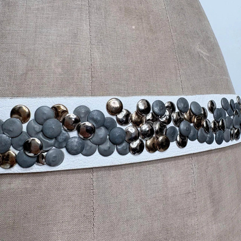 white leather studded metal belt