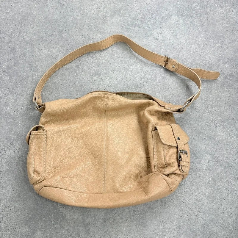 Slouchy cream leather cargo pocket satchel bag
