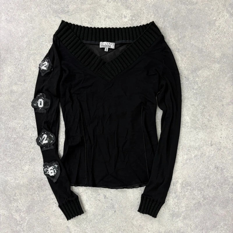 black layered mesh long sleeve slouchy rib top 2026