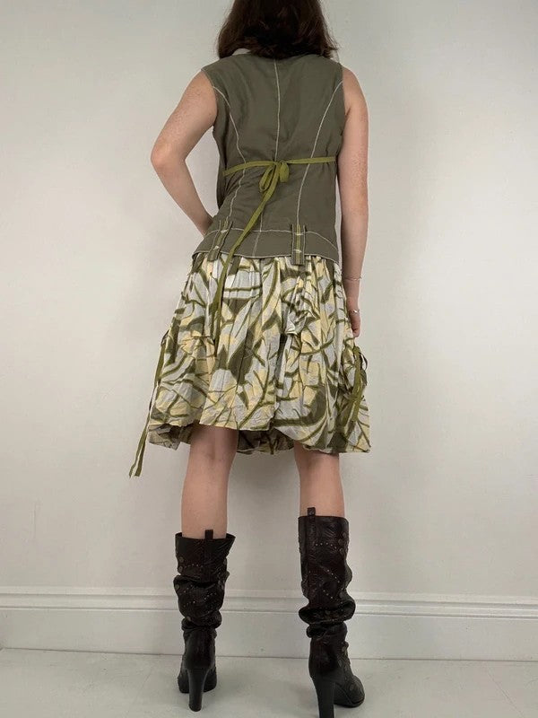 Cargo khaki patterned toggle midi puff dress