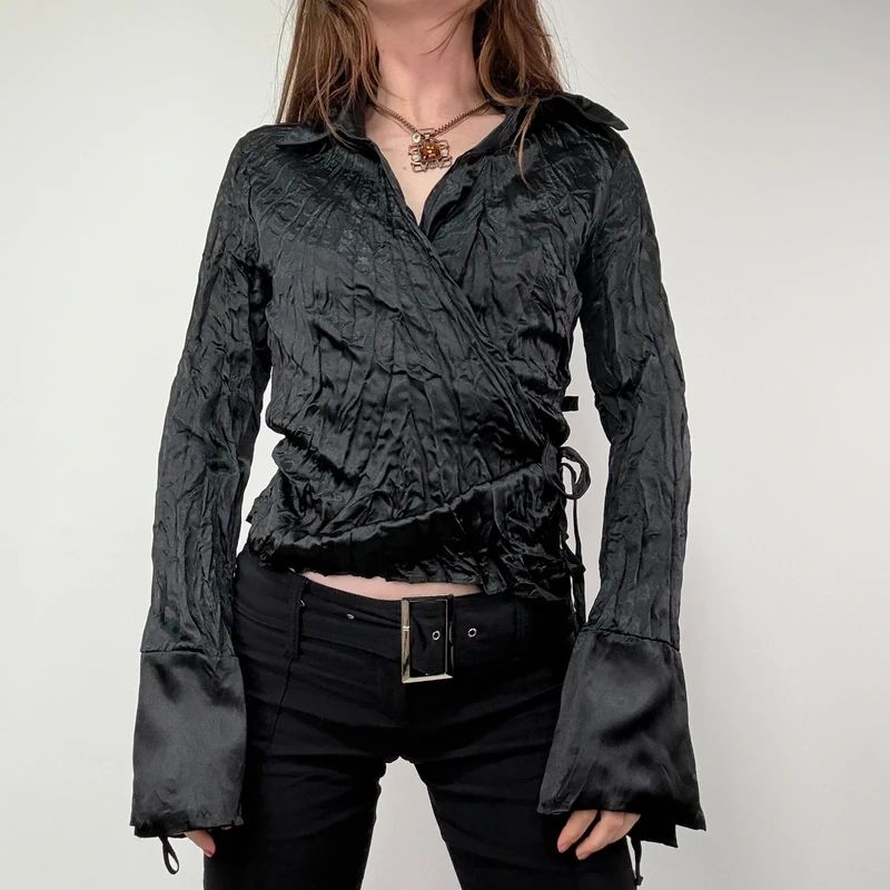 black crinkle satin cropped wrap shirt
