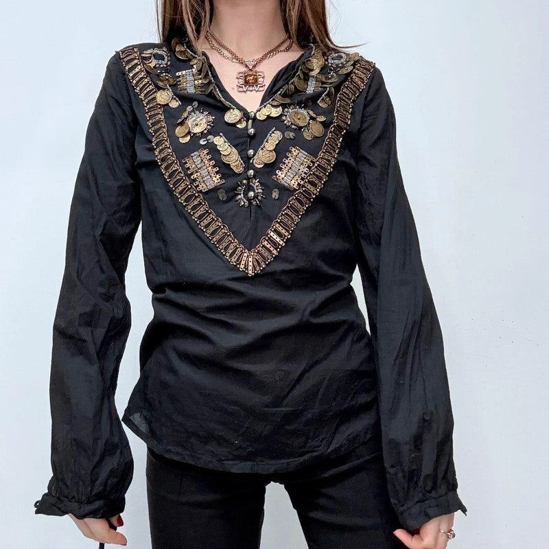 black flared coin hippie shirt