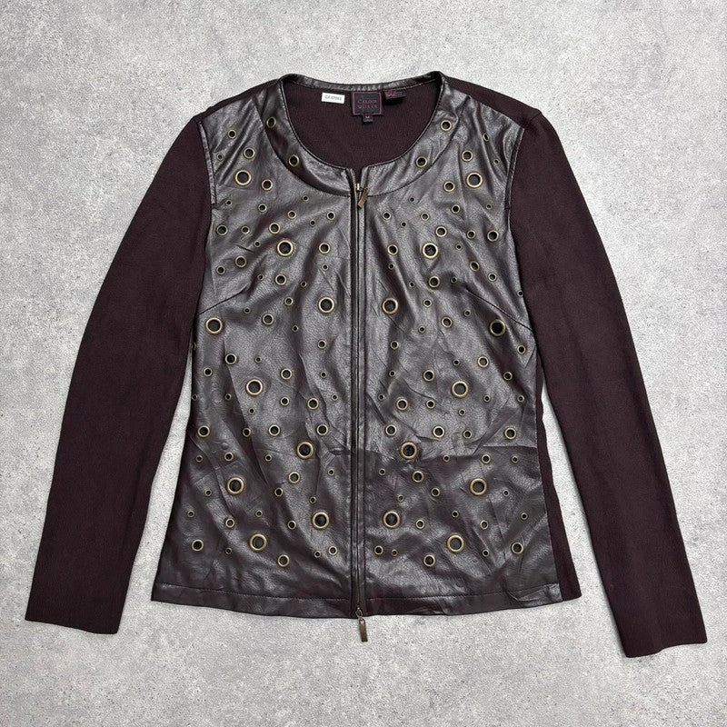 brown studded eyelet leather jacket