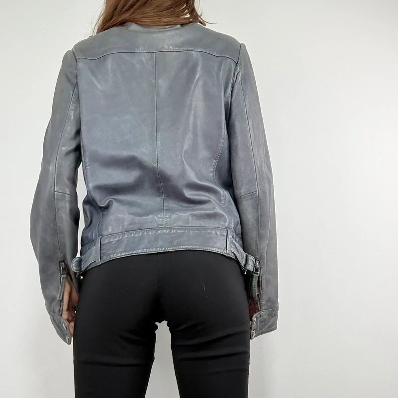 distressed leather boxy biker jacket