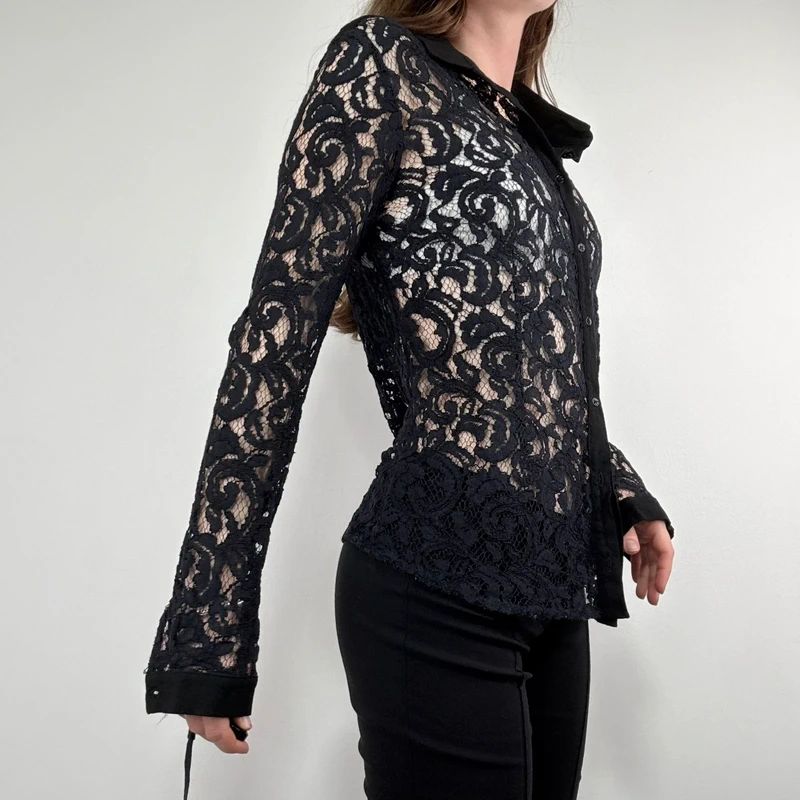 sheer navy lace fitted shirt