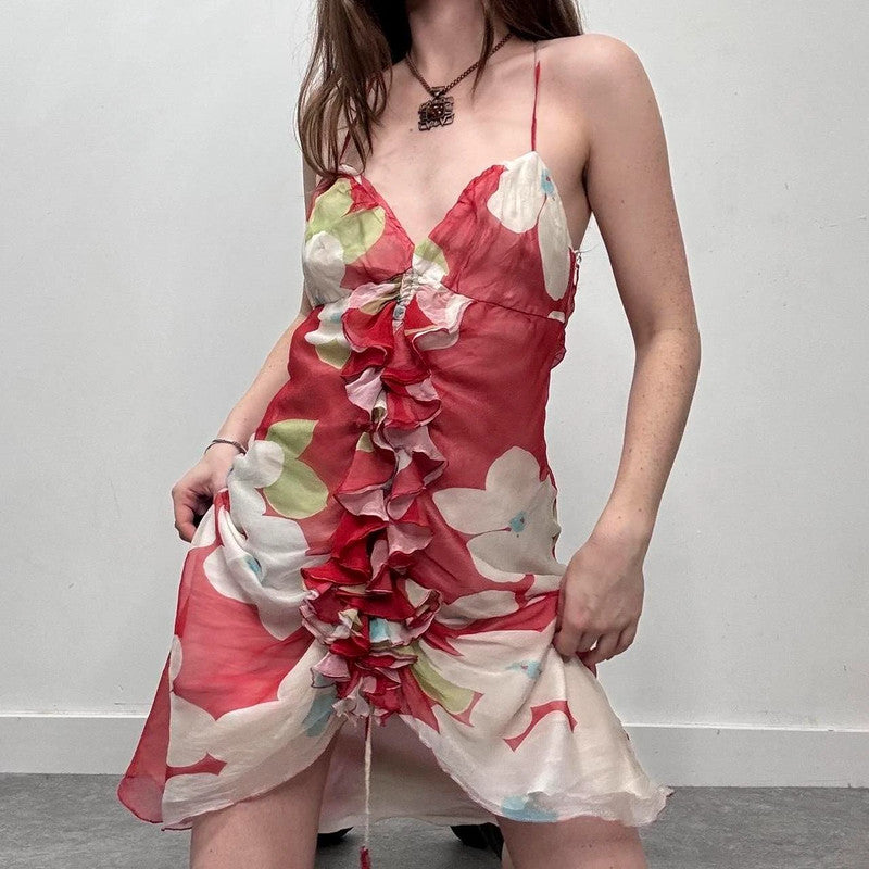 ruffle silk floral red dress