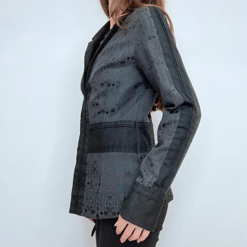 black printed distressed grunge hook and eye jacket