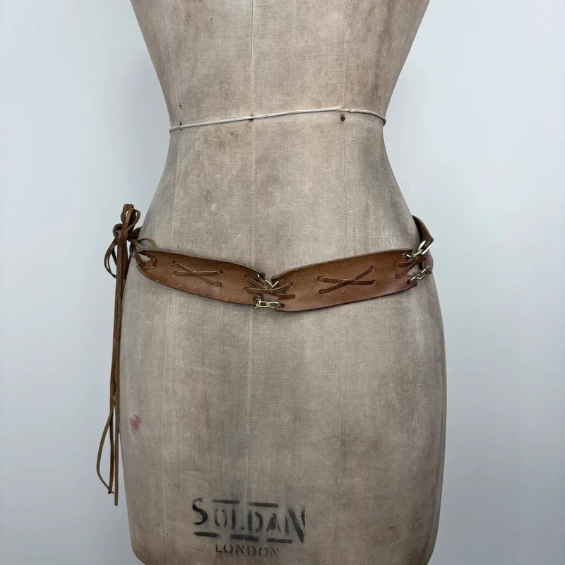 Boho tan leather belt with gold chain and tassel suede