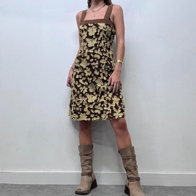 brown flower distressed frayed midi dress