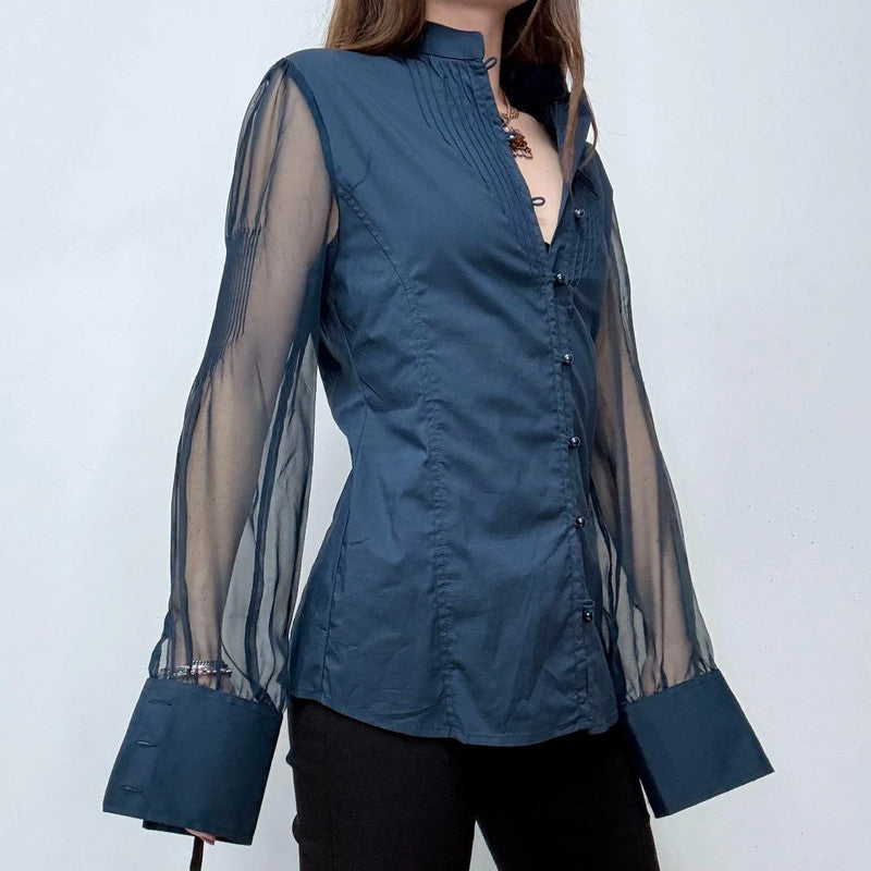 navy fitted shirt sheer puff sleeves