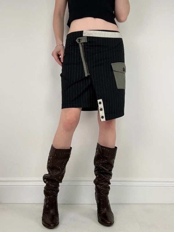 asymmetric deconstructed black pinstripe midi skirt