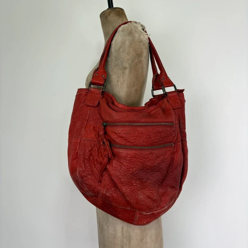 Vintage red leather cargo zipper city handbag