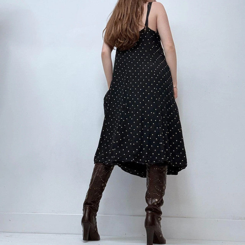 black polkadot flared flutter midi dress