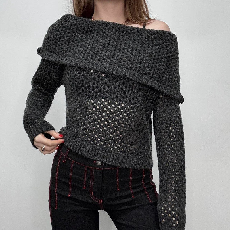 chunky sheer knit fold over jumper