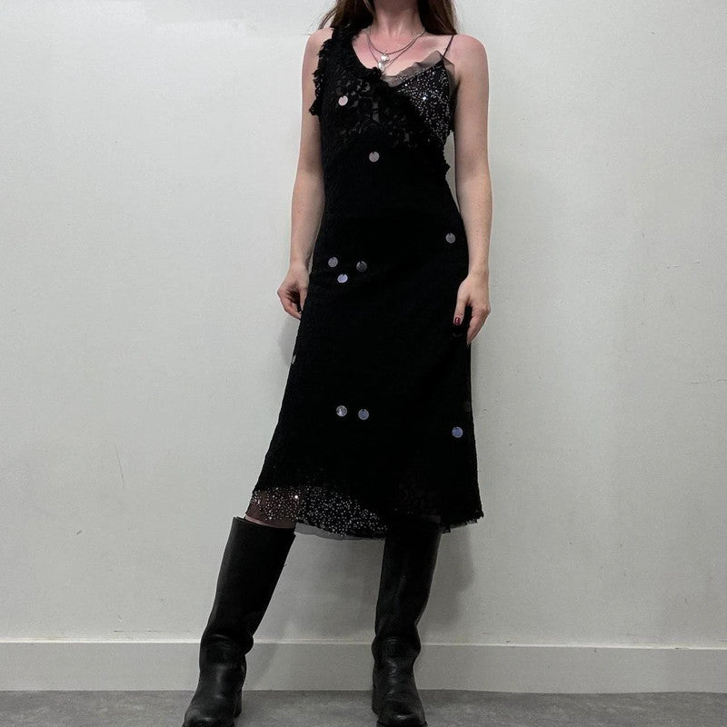 black lace beaded bias cut dress