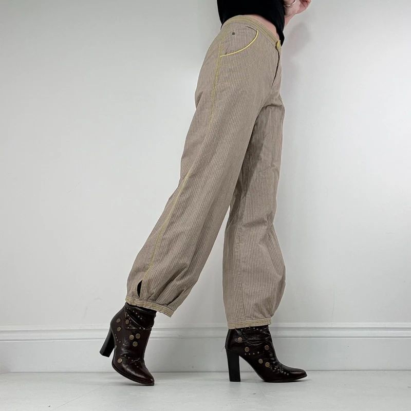 brown pinstripe pleated hem puff cotton trousers