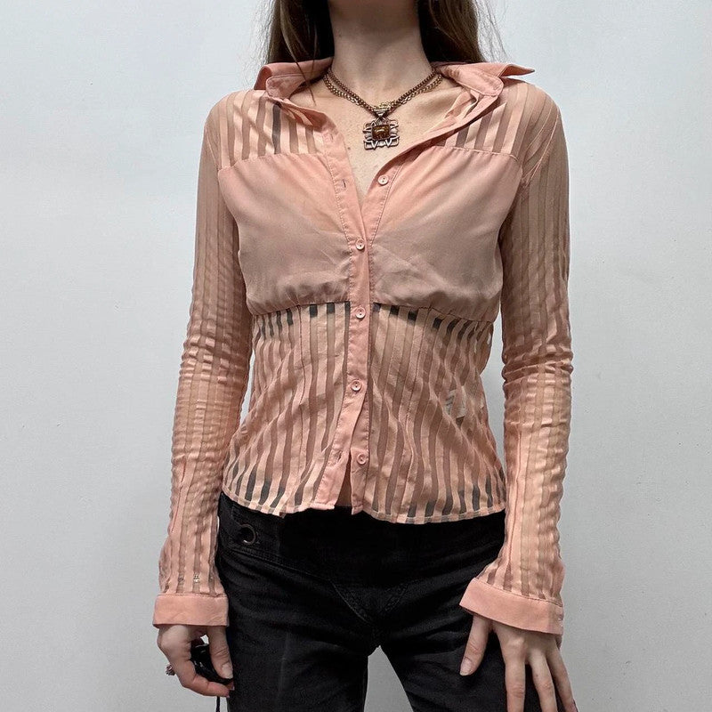 pink mesh pinstripe sheer flared shirt