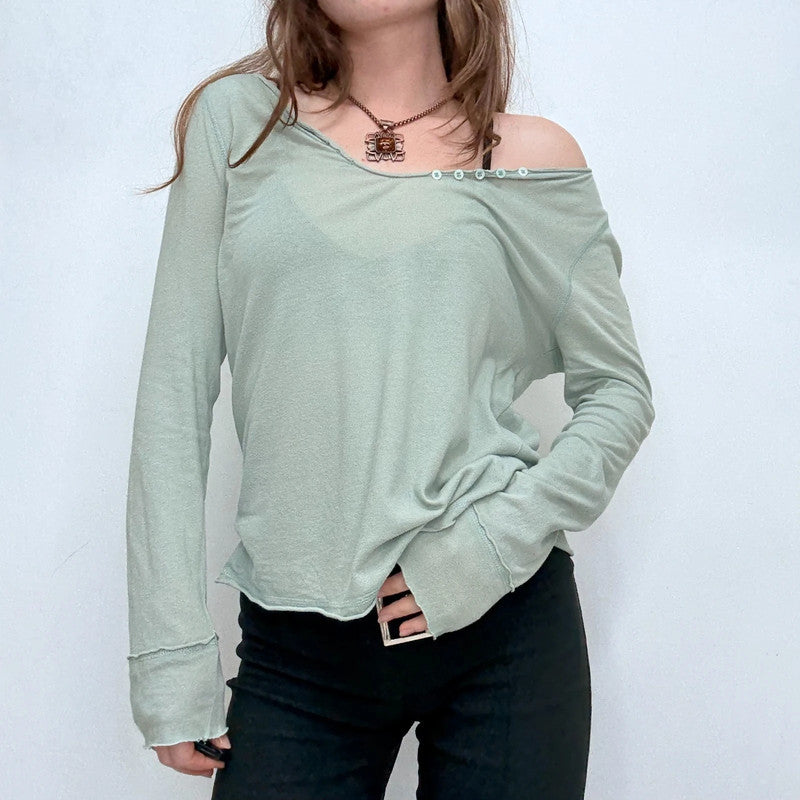 sheer slouchy green cotton long sleeve t-shirt