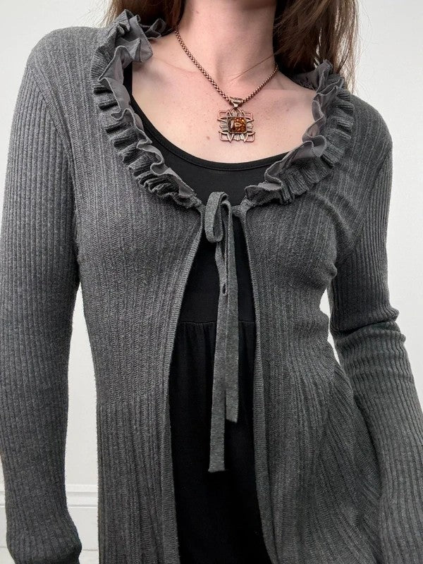 ribbed knit flutter grey long ruffle cardigan