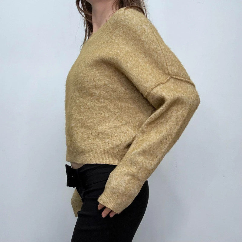 green off the shoulder slash neck wool jumper