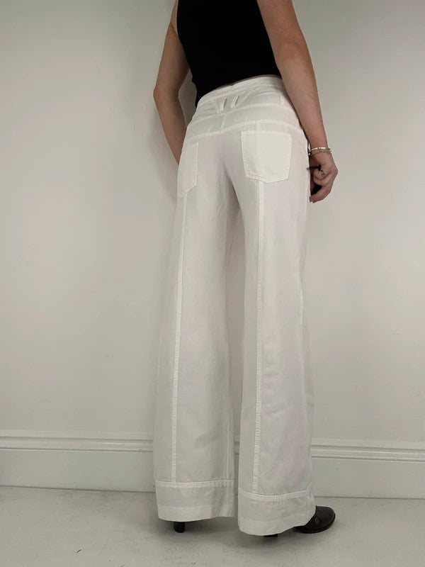 white flared wide leg button front cotton trousers