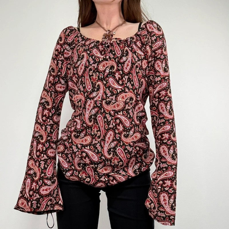 paisley flared wide neck blouse