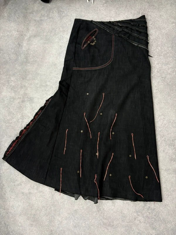 Flared black distressed maxi skirt